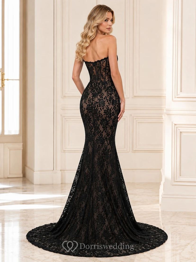 Schwarzes, ärmelloses, bodenlanges Meerjungfrauen-/Trompeten-Spitzenkleid mit Herzausschnitt view 2
