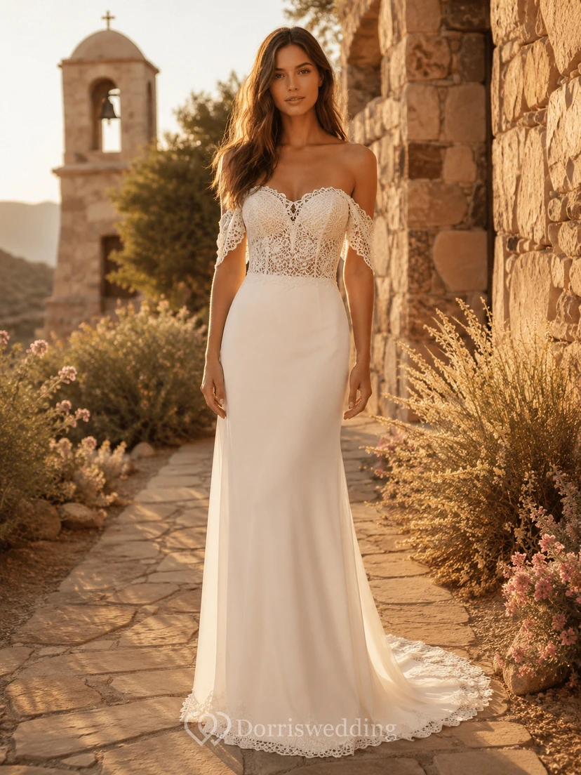 Off Shoulder Boho Sheath Lace Chapel Elopement Wedding Dress