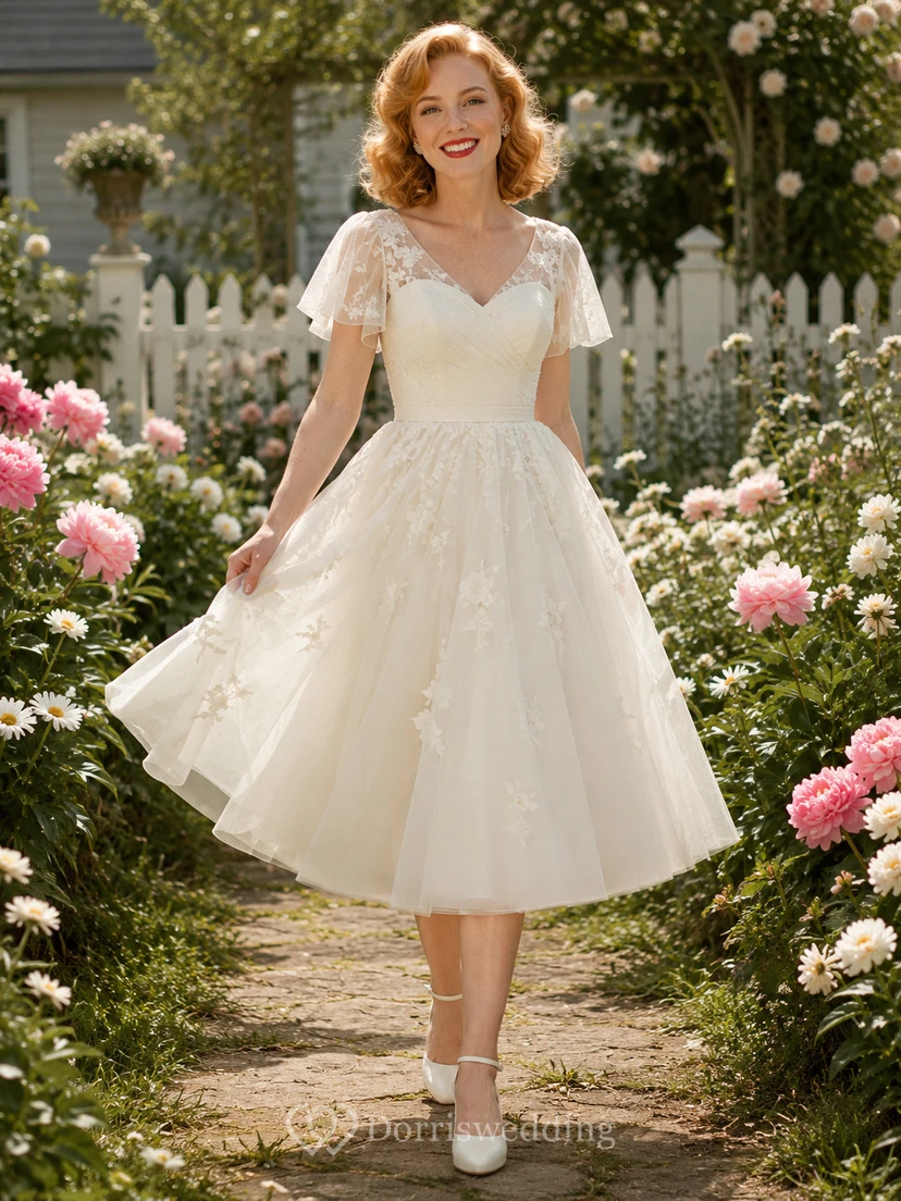 Vintage Tea Length Lace Flutter Sleeve Garden Wedding Dress