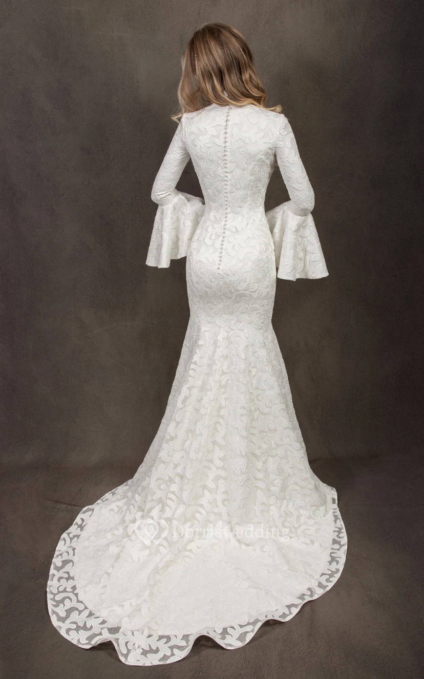 Vestido de novia de sirena de cuello alto y mangas acampanadas, de encaje, estilo modesto, para invierno. view 2