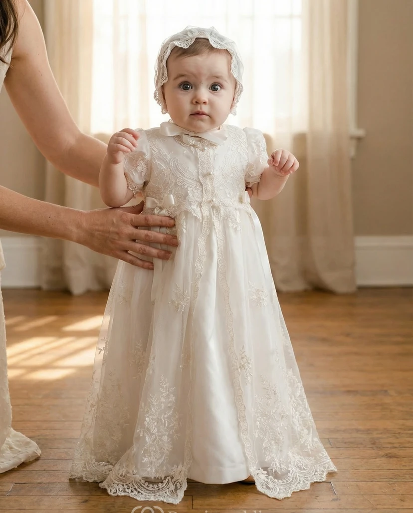 Vestido blanco de niña para bautizo con detalles de encaje y gorro.