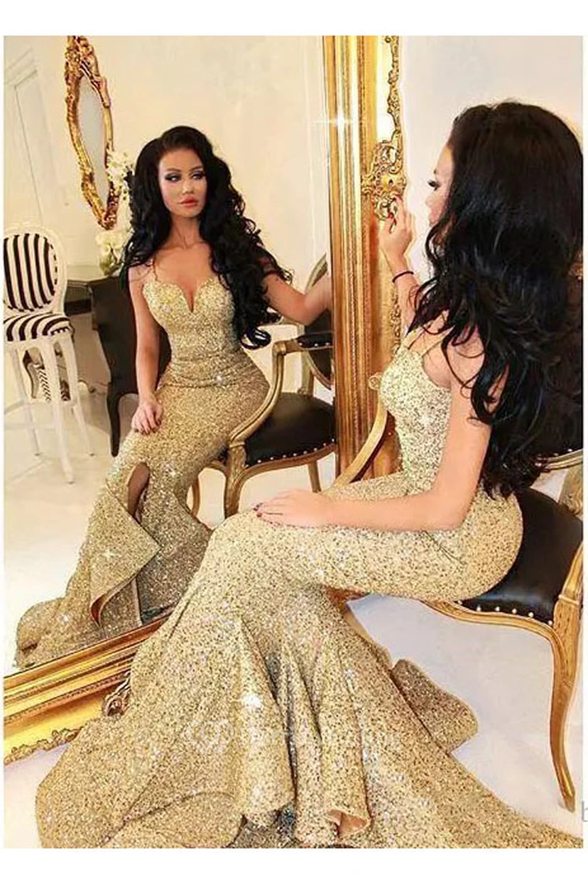 Straps Neck Sweetheart Mermaid Trumpet Sequins Sexy Floor-length Sleeveless Beading Sequins Evening Dress view 3
