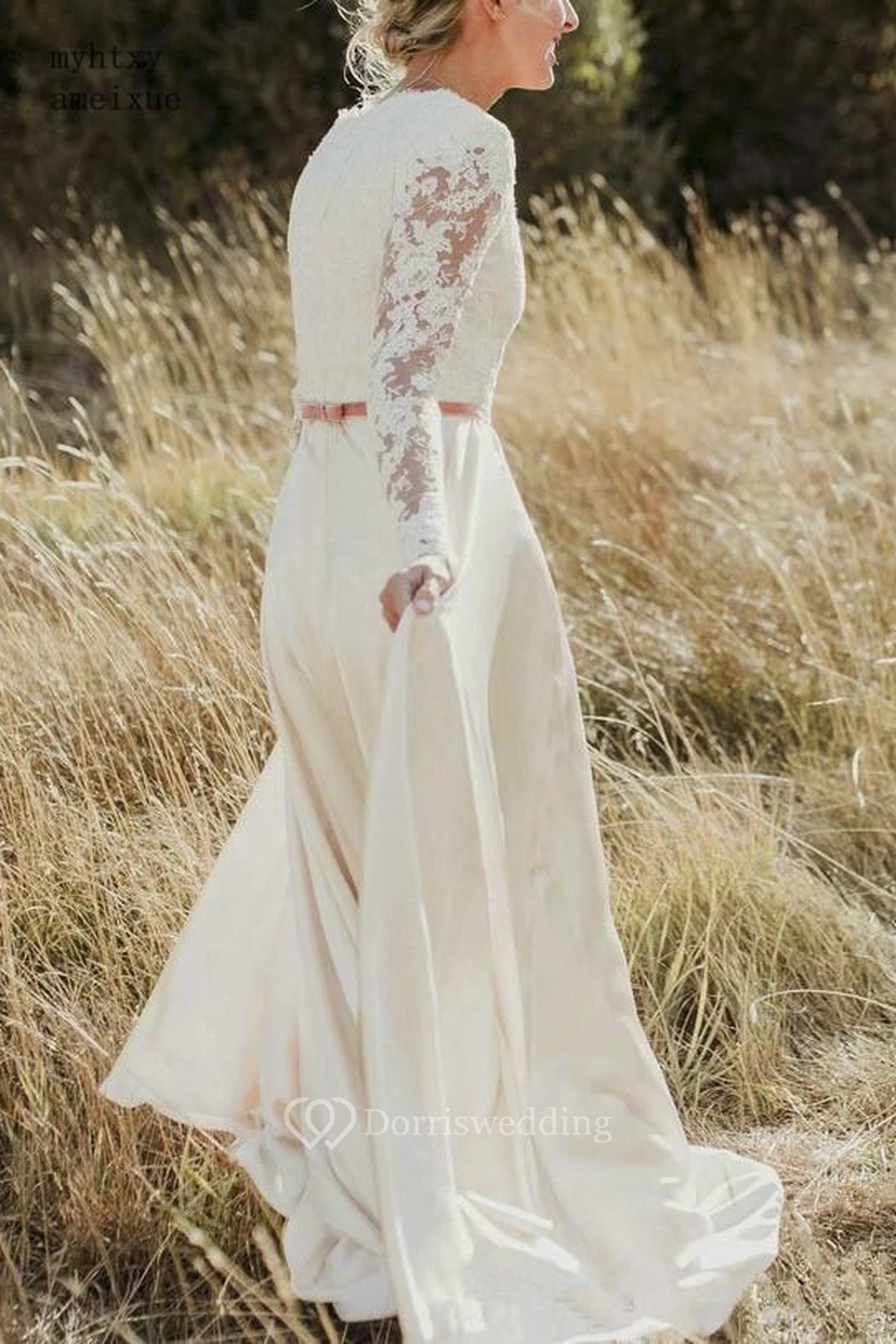 Elegant Long Sleeve Sheath Scalloped Lace And Satin Wedding Bridal Gown view 2