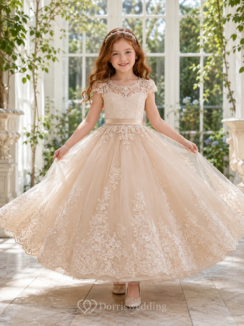 Vestido de gala romántico de encaje y tul con mangas cortas y borde festoneado, ideal para bodas en jardines o para niñas.