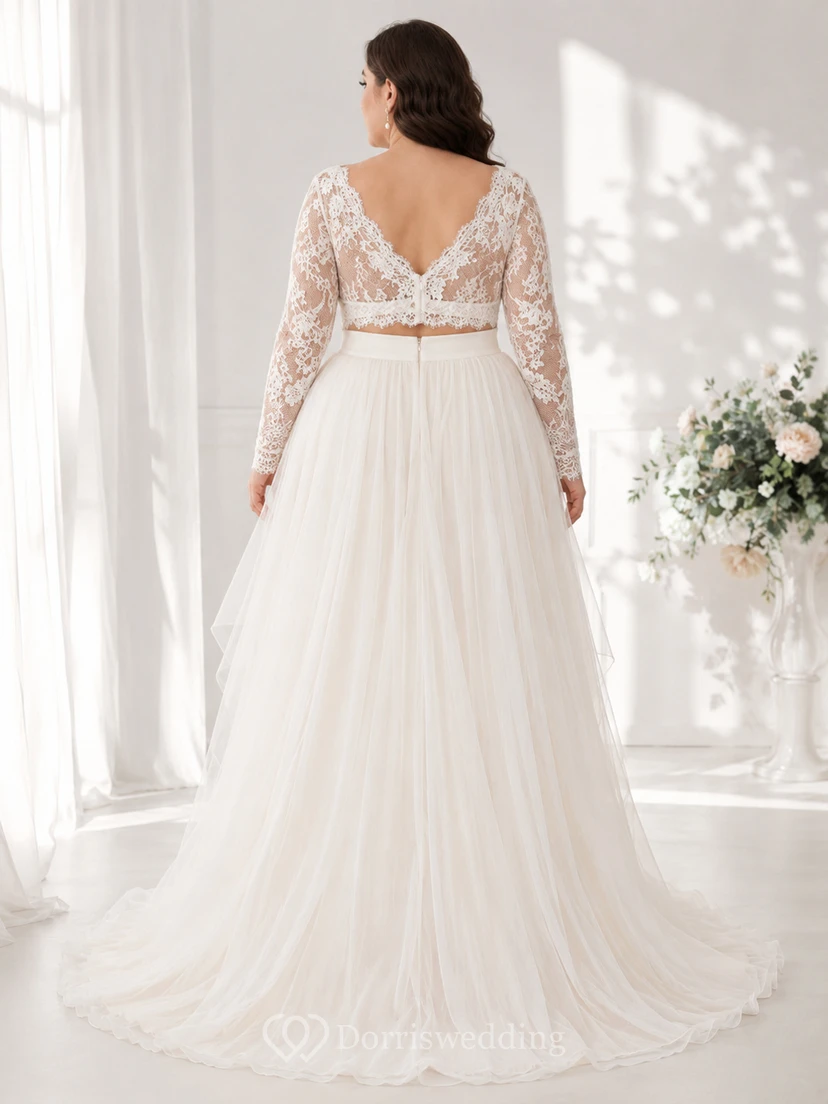 Plus Size Long Sleeve Lace Top Tulle Studio Bridal Set view 2