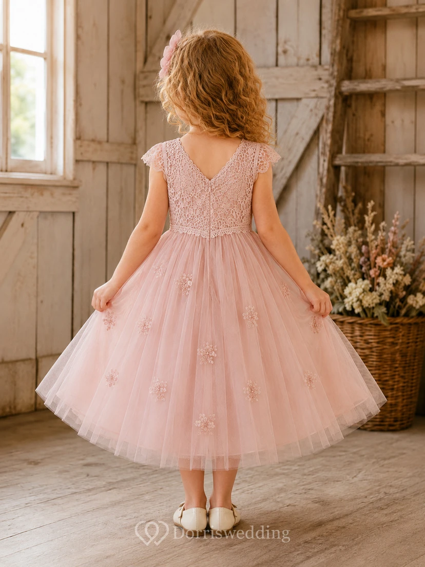Flower Girl Dress Blush Lace Tulle A-Line Scoop Neck Tea Length view 2
