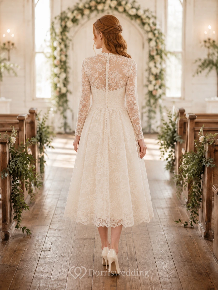 High Neck Lace Long Sleeve Tea Length Modest Wedding Dress view 2