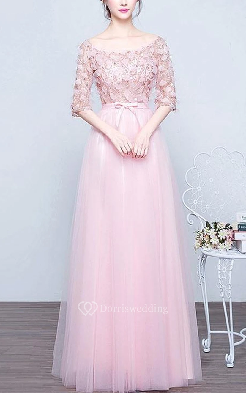 A-Line Bateau Half Sleeves Sequins Long Prom Dress