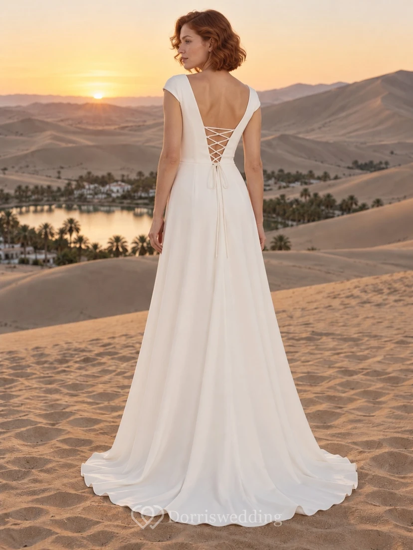 Vestido de novia de crepé con escote barco, mangas cortas, abertura frontal y falda ajustada. view 2
