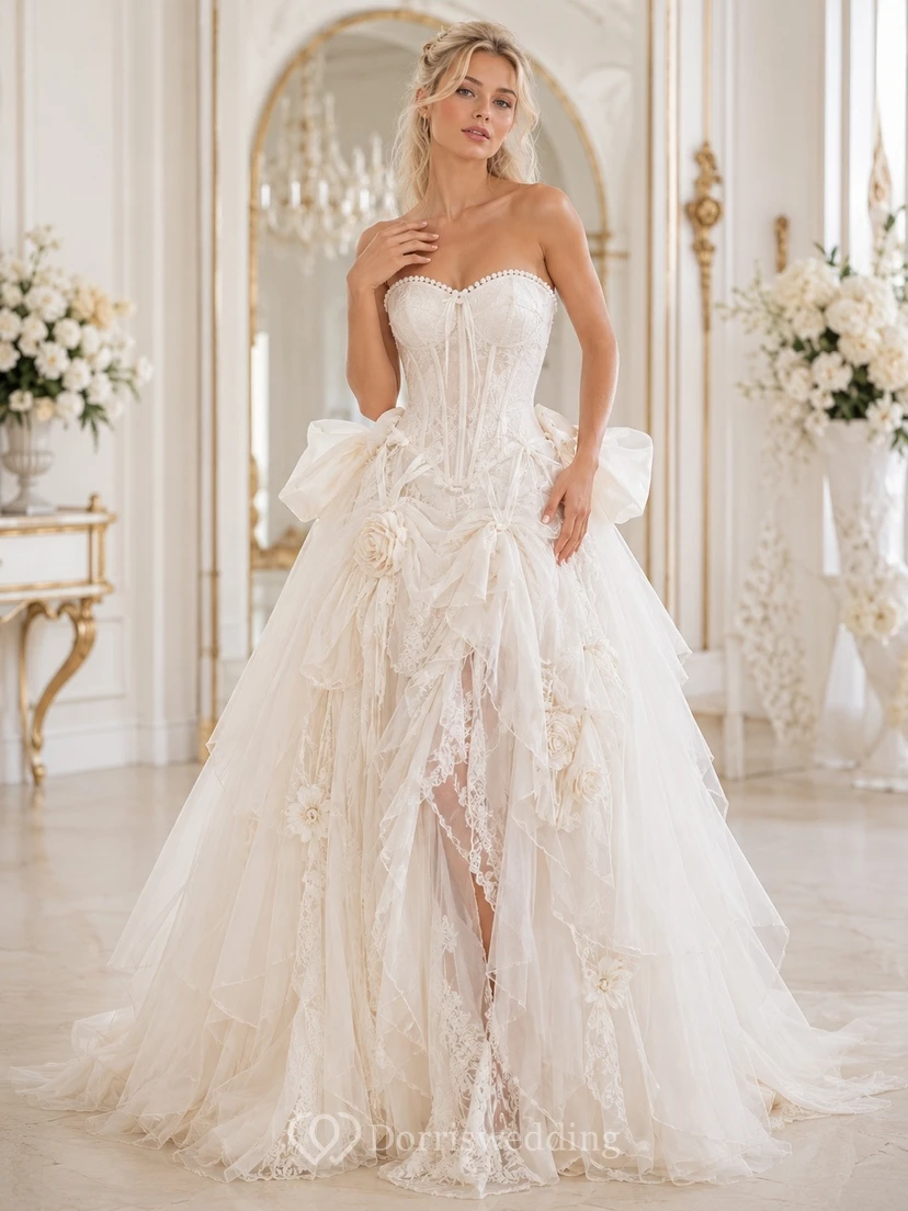 Vestido de novia romántico sin tirantes, corte en A, de tul con volantes, color marfil