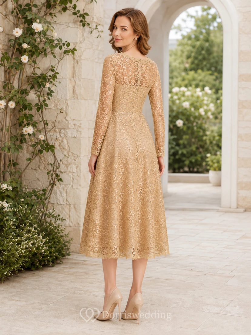 Champagnerfarbenes, elegantes Vintage-Kleid mit U-Boot-Ausschnitt, Illusionsspitze, langen Ärmeln und Teekleid view 2