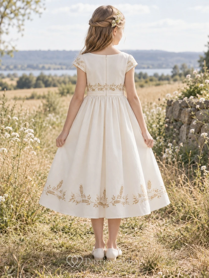 Country Tea-length Cream Bateau Cap Sleeve Wheat Embroidered Cotton Flower Girl Dress view 2