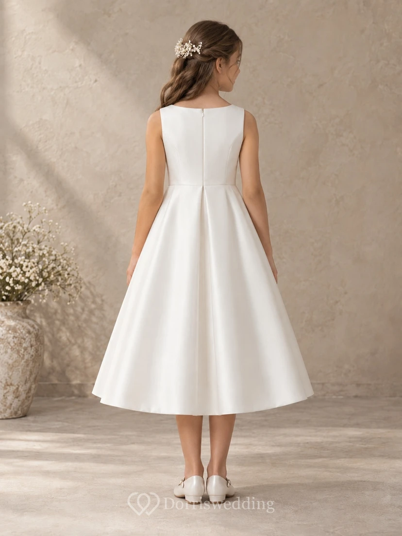 Simple Tea-length Ivory Sleeveless Bateau Satin Natural Waist Center Pleat A-Line Flowergirl Dress view 2