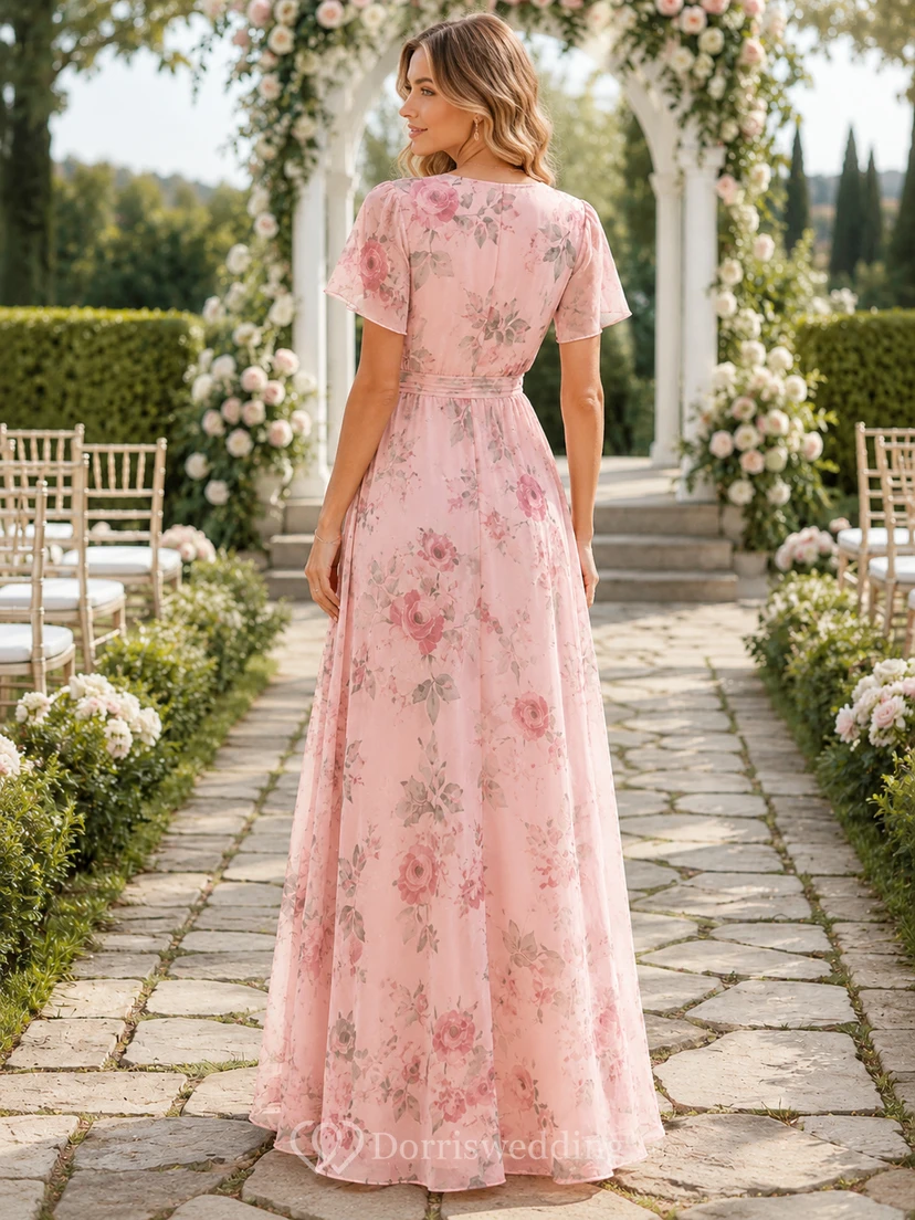 Robe longue d'invitée en mousseline rose à fleurs, col en V et manches courtes, col en V. view 2