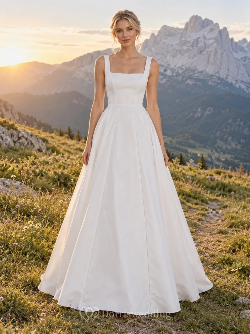 Schlichtes, eckiges Brautkleid mit Satin-Trägern und fließender A-Linien-Form, bodenlang