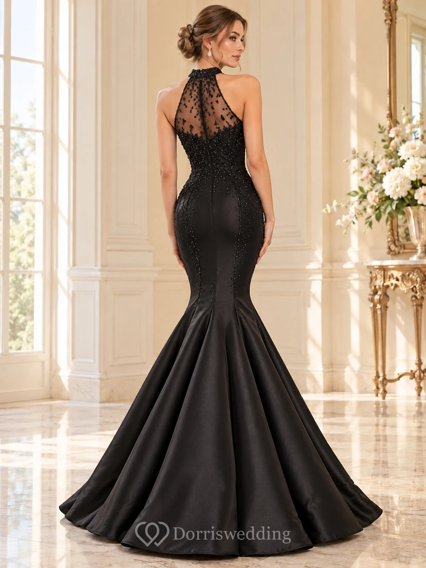 Robe de soirée sirène noire à col montant et perles en satin illusion view 2