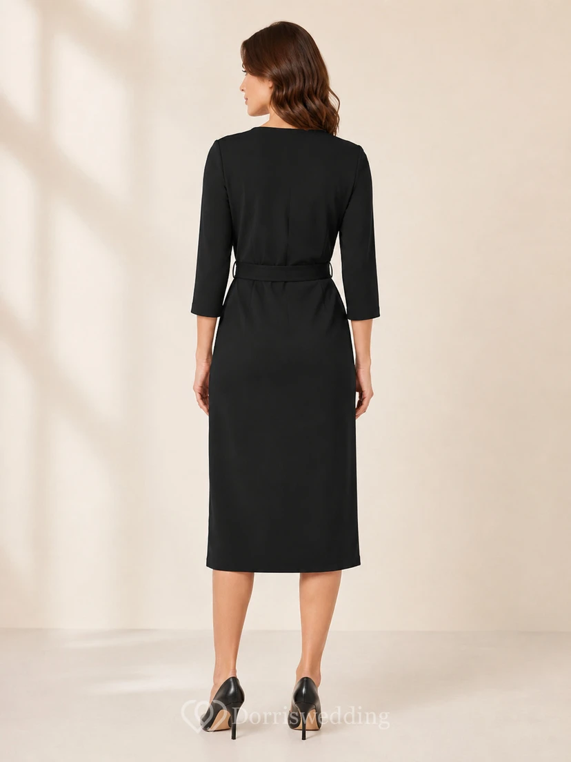 Black Three Quarter Sleeve Wrap Minimal Reception Midi Dress view 2