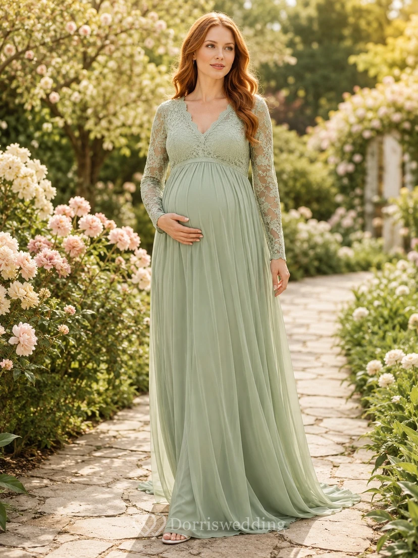 Salbeigrünes Umstandskleid aus Spitze, langärmelig, V-Ausschnitt, Chiffon und Schleppe, Gartenkleid