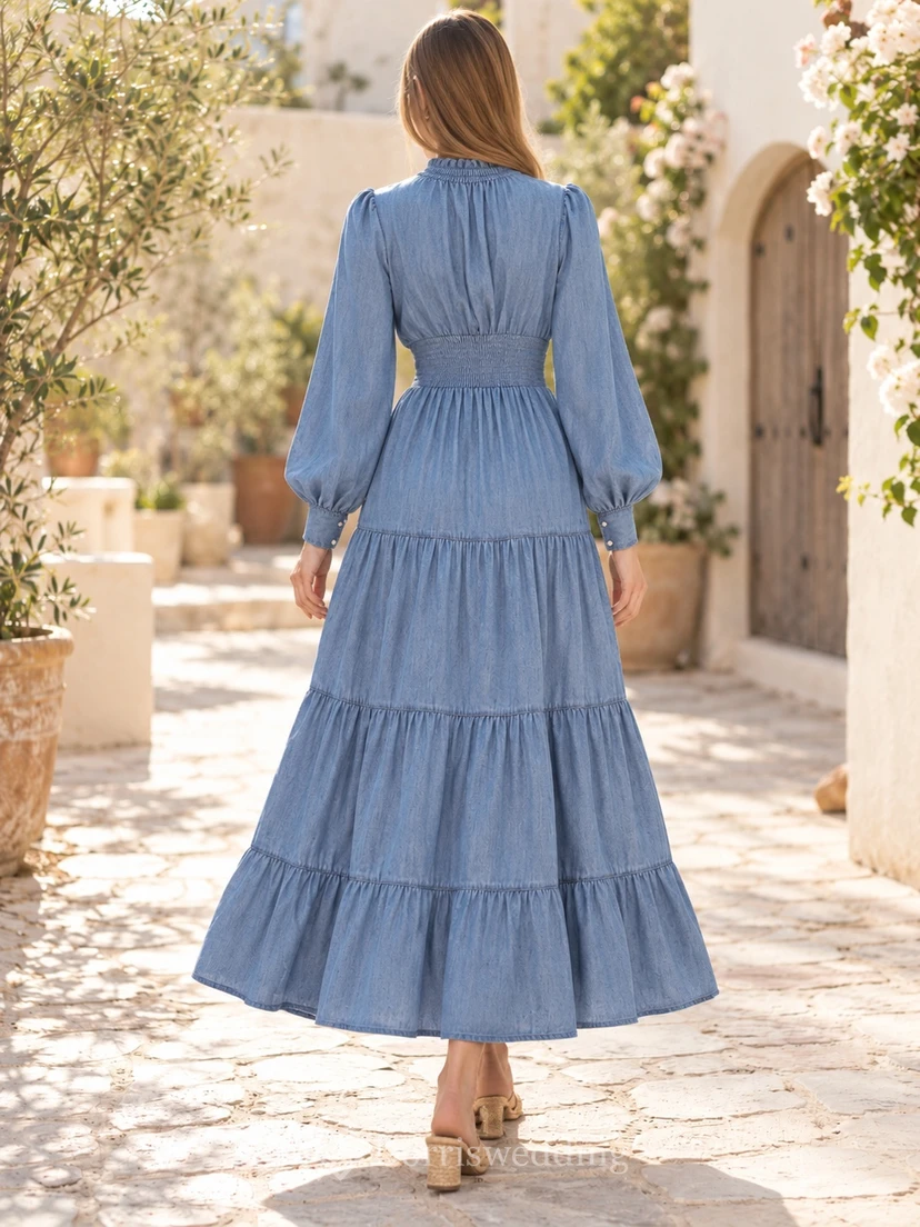 Robe de campagne modeste à col montant et manches longues en denim bleu à volants view 2
