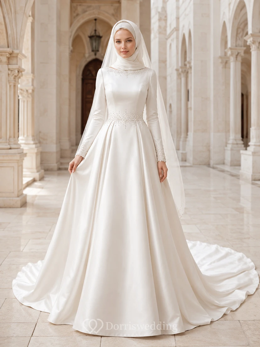 Vestido de novia musulmán de satén con escote barco y mangas largas, corte en A