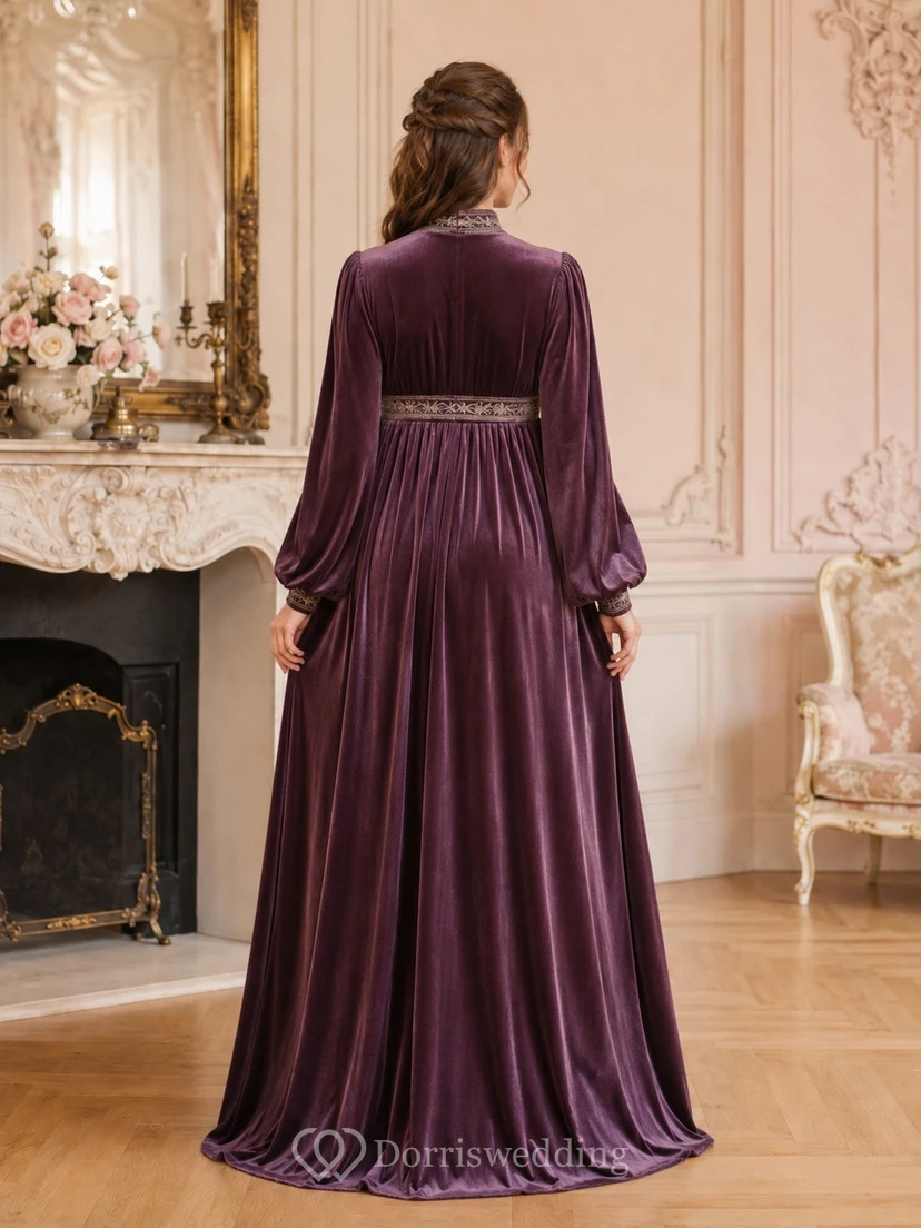 Vintage Plum High Neck Long Sleeve Empire Velvet Maternity Dress view 2
