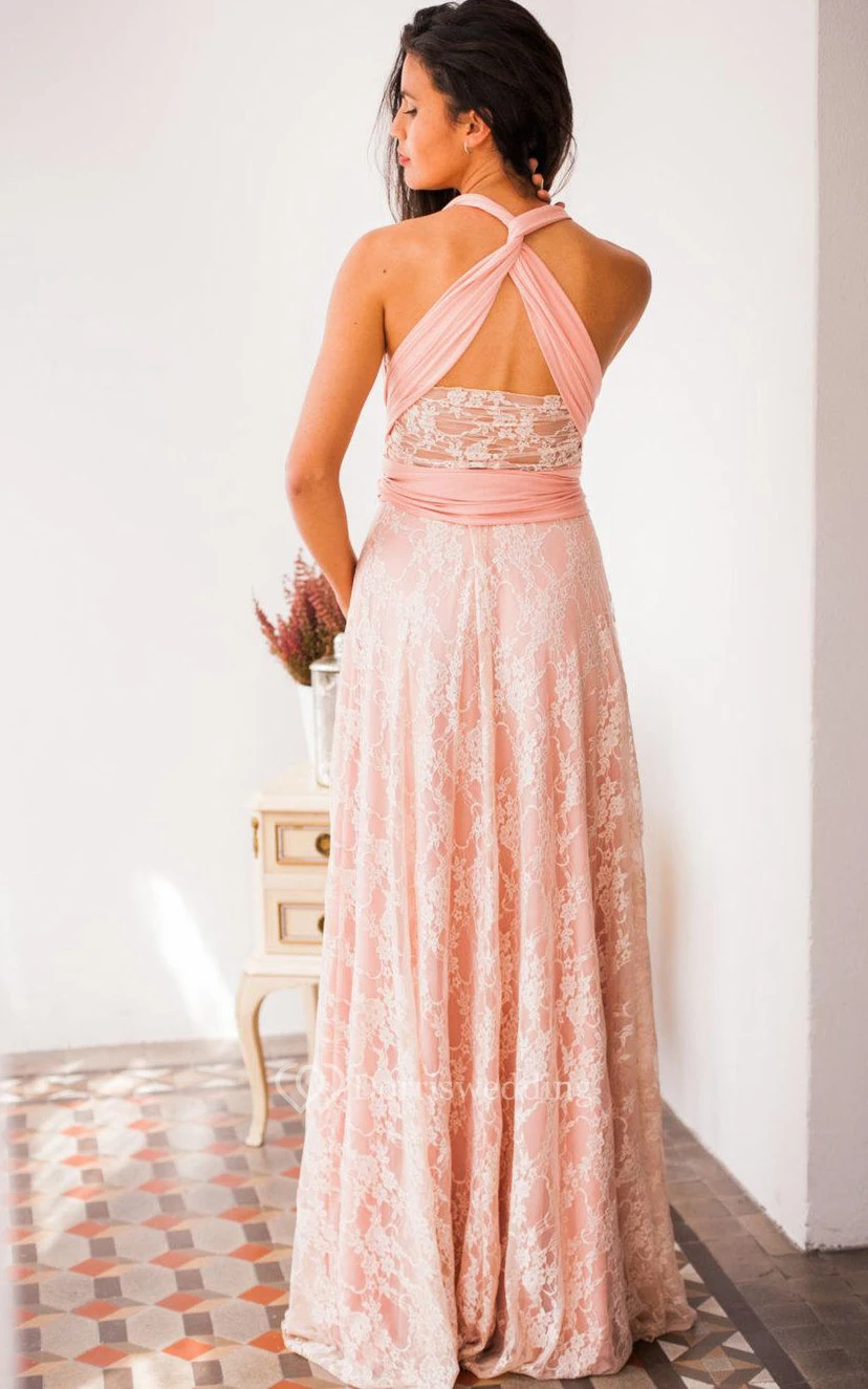 Golden Lace Bridesmaid Peach Bridesmaid Golden Lace Blush Pink Lace Convertible Lace Romantic Lace Dress view 2