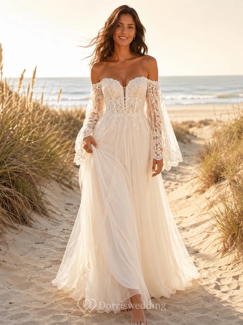 Robe de mariée bohème de plage, épaules dénudées, manches cloche longues en dentelle, tulle, coupe empire, trapèze