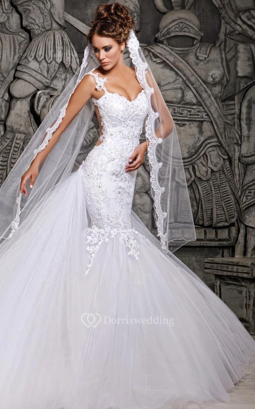 Magnificent Lace and Tulle Mermaid Bride Dress with Wedding Veil view 3