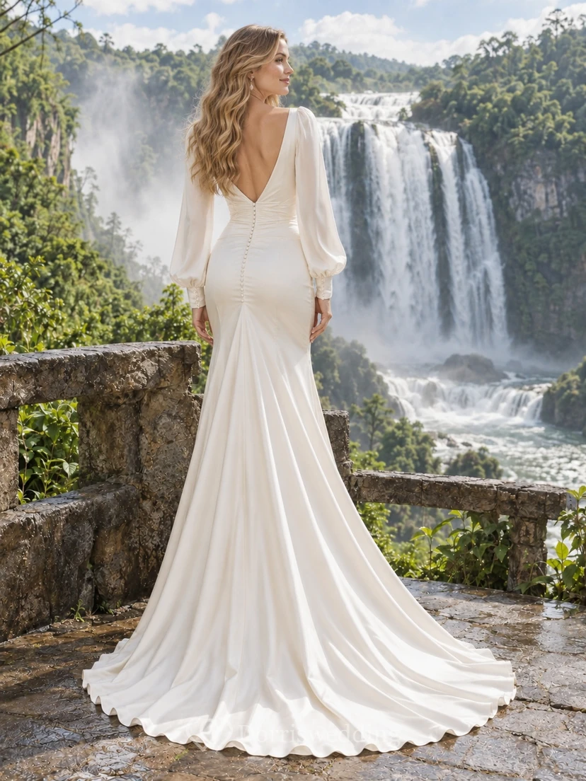 Vestido de novia sencillo de satén con escote en V, manga larga y corte sirena. view 2