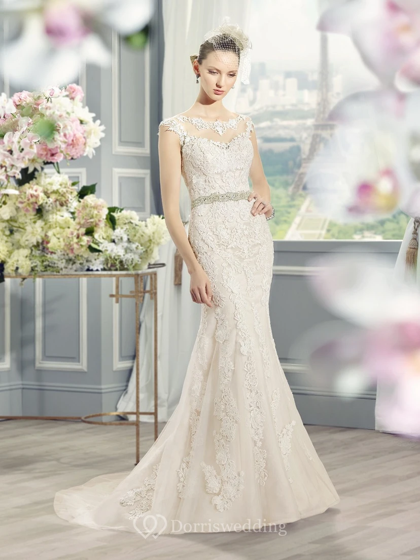 Sheath Scoop-Neck Long-Sleeveless Jeweled Lace Wedding Dress With Appliques And Deep-V Back view 2