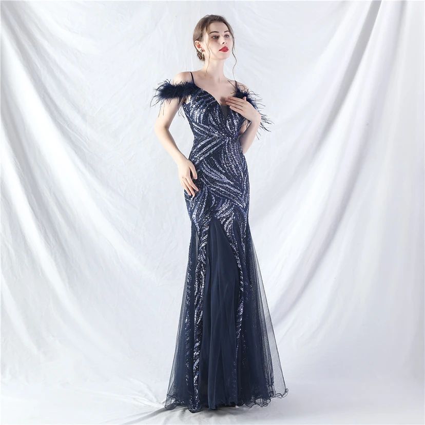 Crafted Ostrich Feather Stacked Sequins Splicing Mesh Gauze High-End Evening Dress Clothes view 44