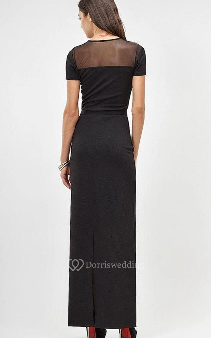 Jewel Neck Short Sleeve Sheath Jersey Ankle Length Dress With Beading Belt view 3