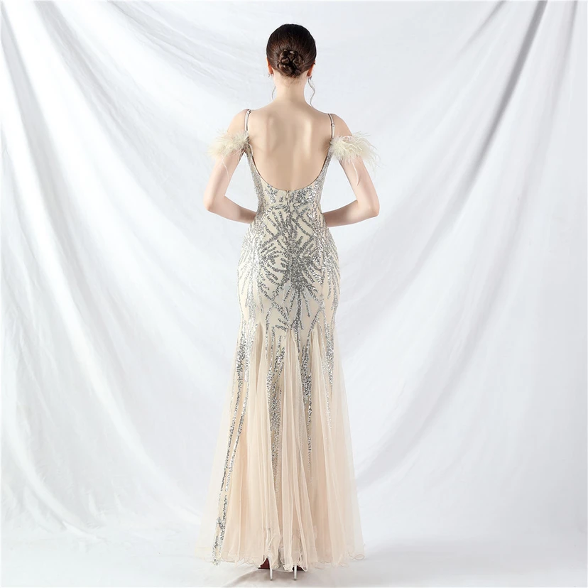 9-farbiges, handgefertigtes Abendkleid aus Kamelfedern, Netzstoff und Pailletten, sexy Trägern view 36