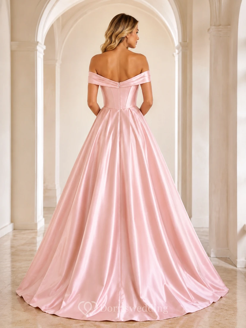 Blush Off Shoulder Satin Ball Gown Formal Dress view 2