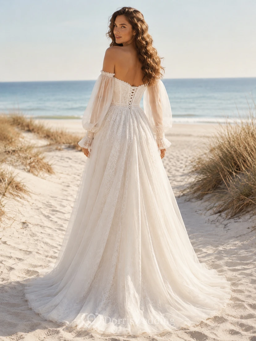 Bohemian Beach Off Shoulder Sweetheart Long Puff Sleeve Lace A-Line Sweep Train Wedding Dress view 2