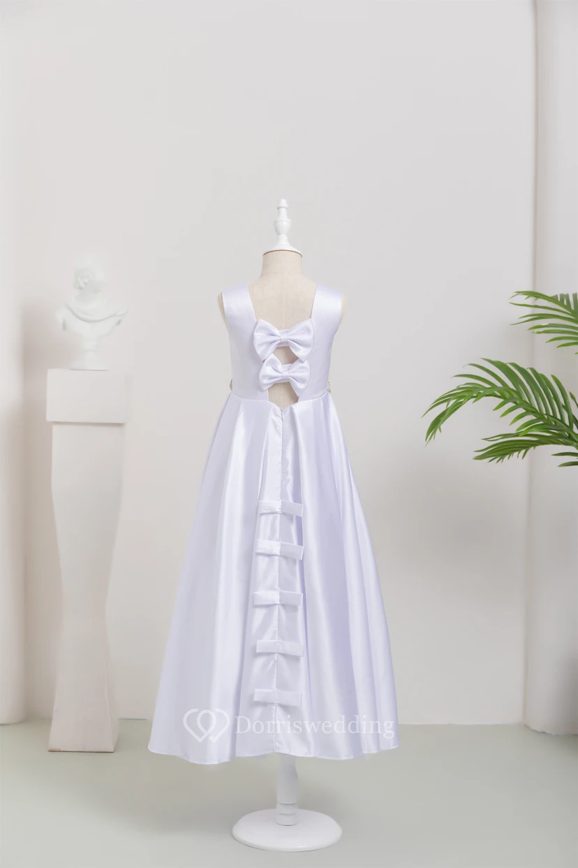 Satin Scoop-neck Sleeveless Solid Flowergirl Dress with Beaded Waist view 2