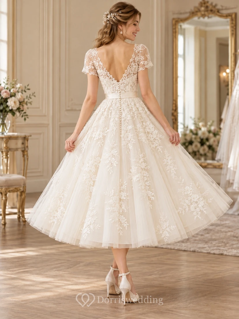 Vintage Tea-Length V-Neck Cap Sleeve Floral Tulle Wedding Dress view 2