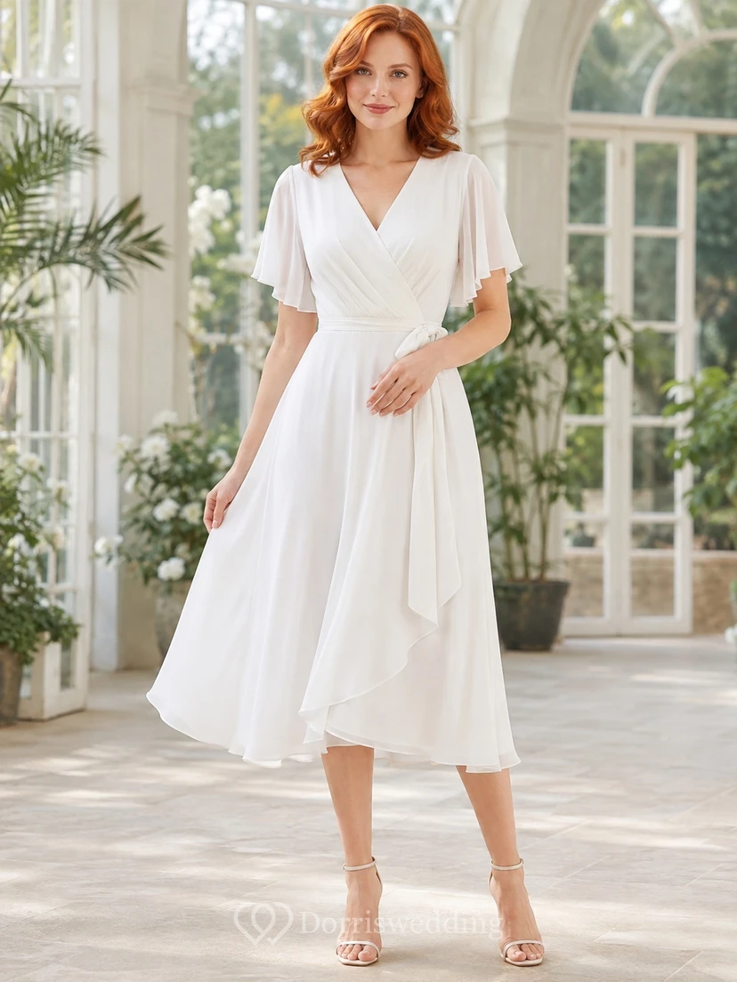 Robe romantique blanche en mousseline de soie, cache-cœur, col en V, manches courtes, coupe trapèze, drapée, longueur thé