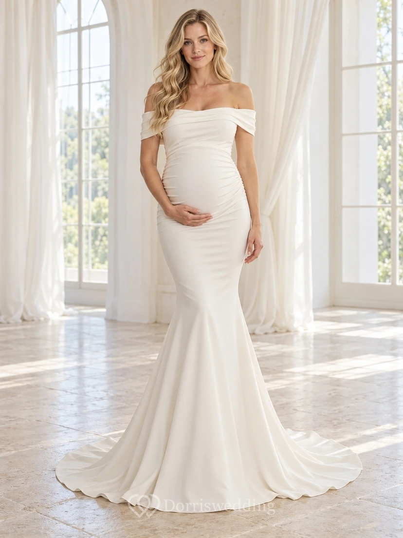 Robe de mariée sirène simple de maternité en crêpe à épaules dénudées et traîne
