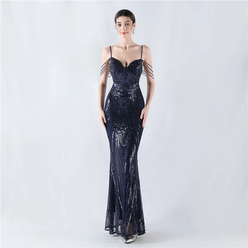 Waist-Reduced Fishbone Shaping Positioning Flower Sequined Anchor Sexy Beaded Suspender Evening Dress view 21