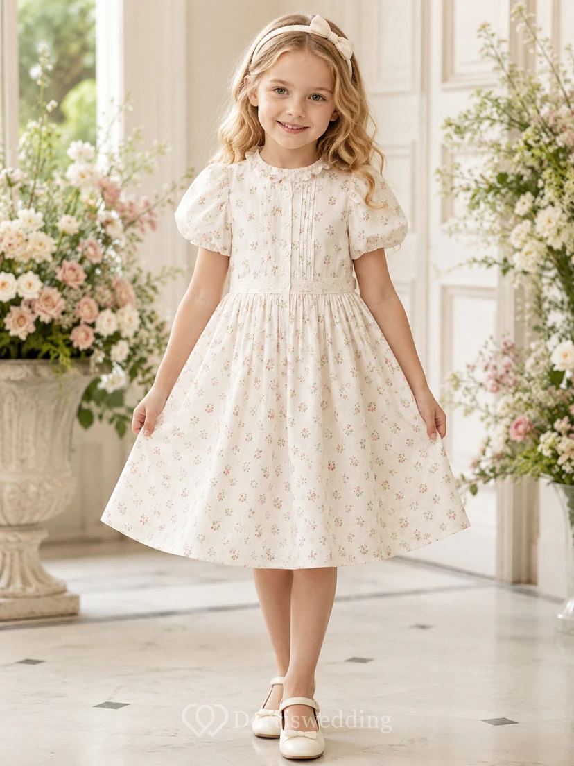 Puff Sleeve Tulle A-Line Flower Girl Dress with Jewel Neck, Tea-Length Skirt and Bow Detail