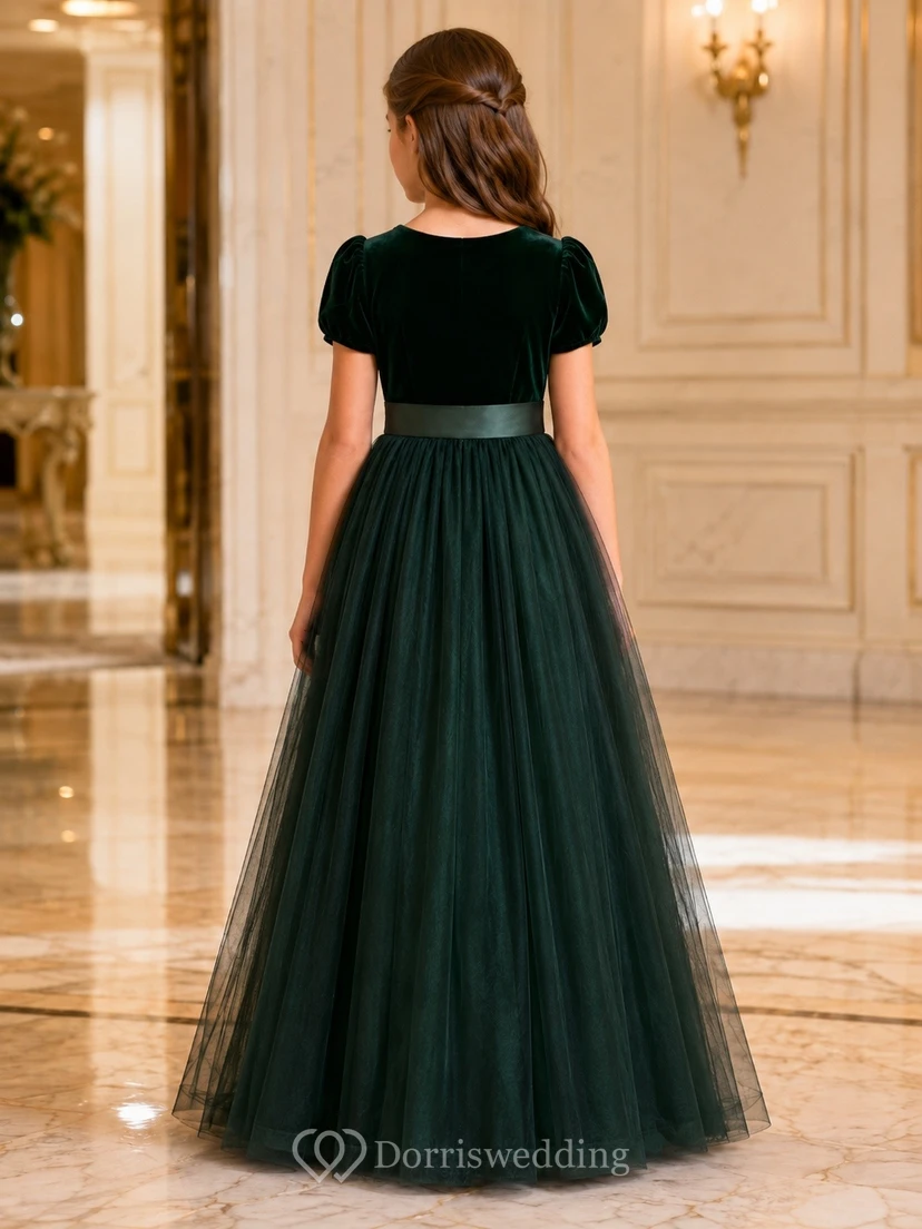 Ball Gown Tulle Velvet Puff Sleeve Dark Green Flower Girl Dress view 2