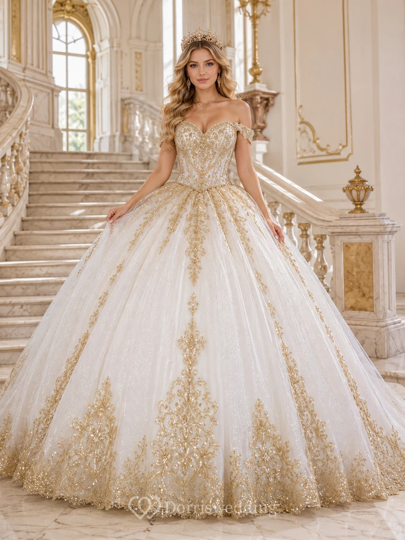 Robe de bal de princesse de quinceañera, or blanc luxueux, épaules dénudées, décolleté cœur, brodée.