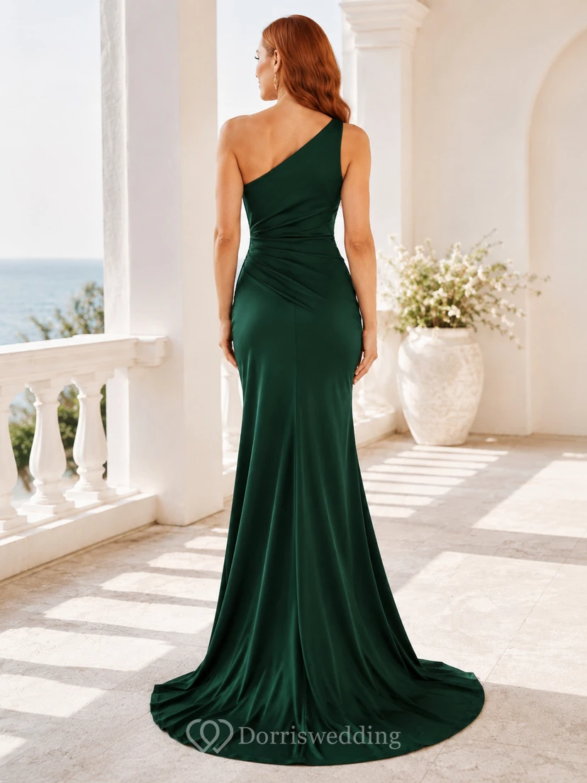 Vestido de noche formal de lujo color verde oscuro, de satén fruncido, con un solo hombro, largo hasta el suelo y cola de sirena. view 2
