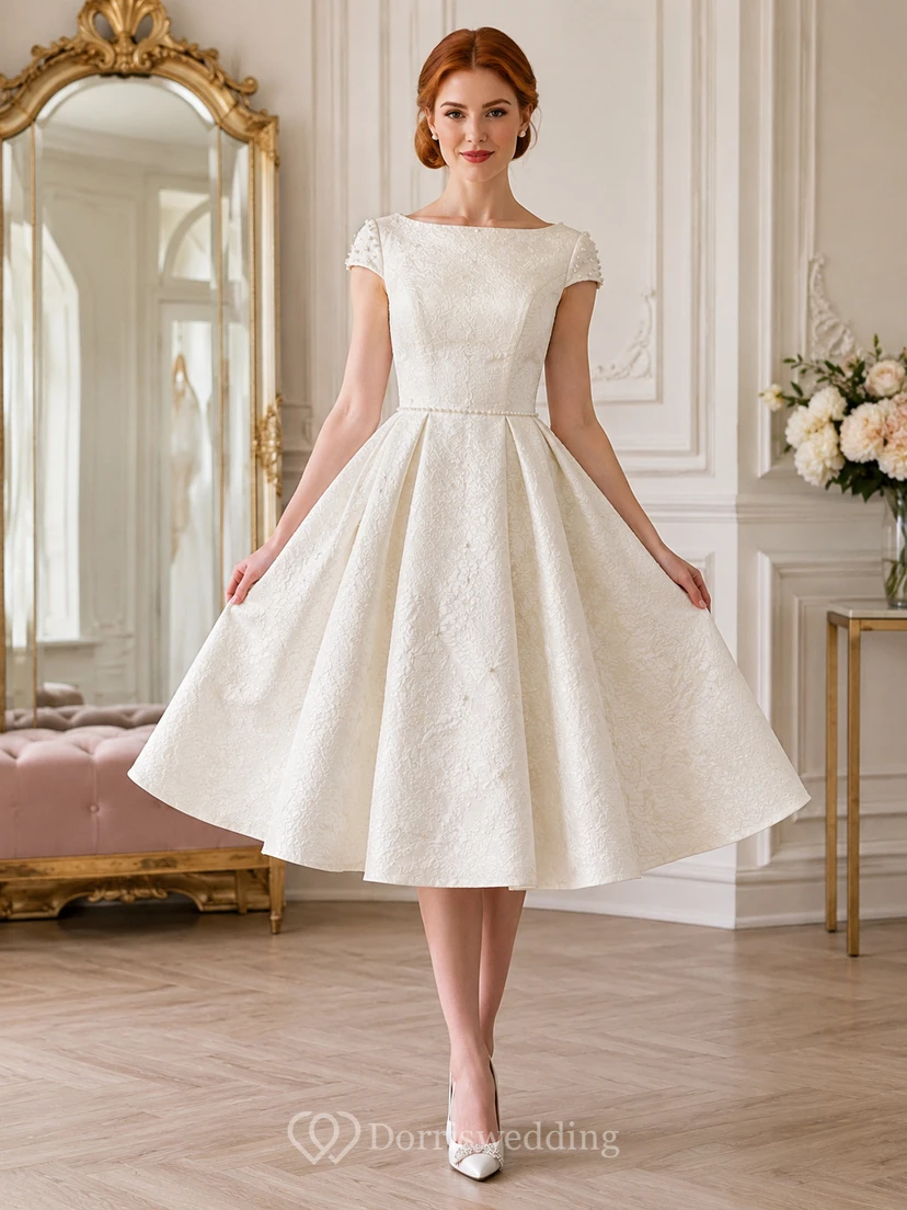 Vestido de novia modesto de satén jacquard de manga corta y cuello alto, estilo vintage, largo hasta la rodilla