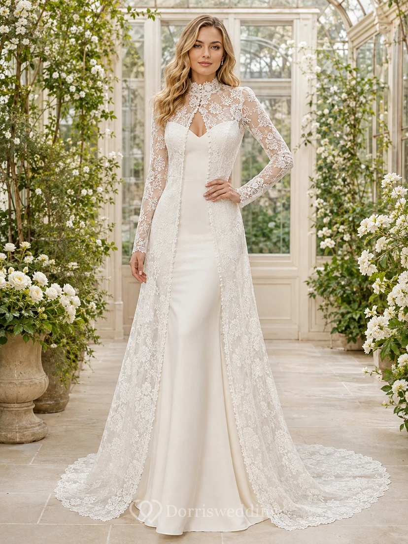 Square Romantic Neck Long Sleeve Bridal Classic Wedding Dress A-Line Lace