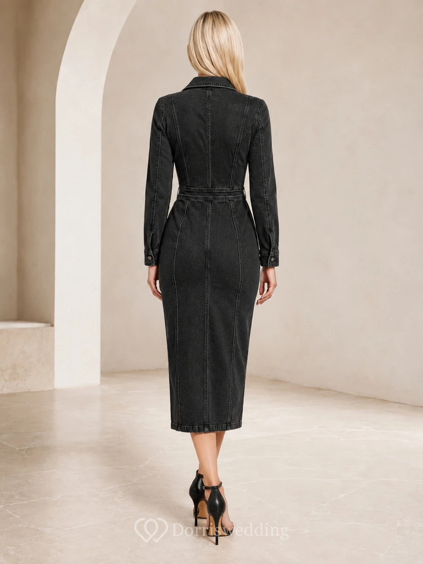 Modern Black Notched Long Sleeve Denim Sheath Split Midi Dress view 2