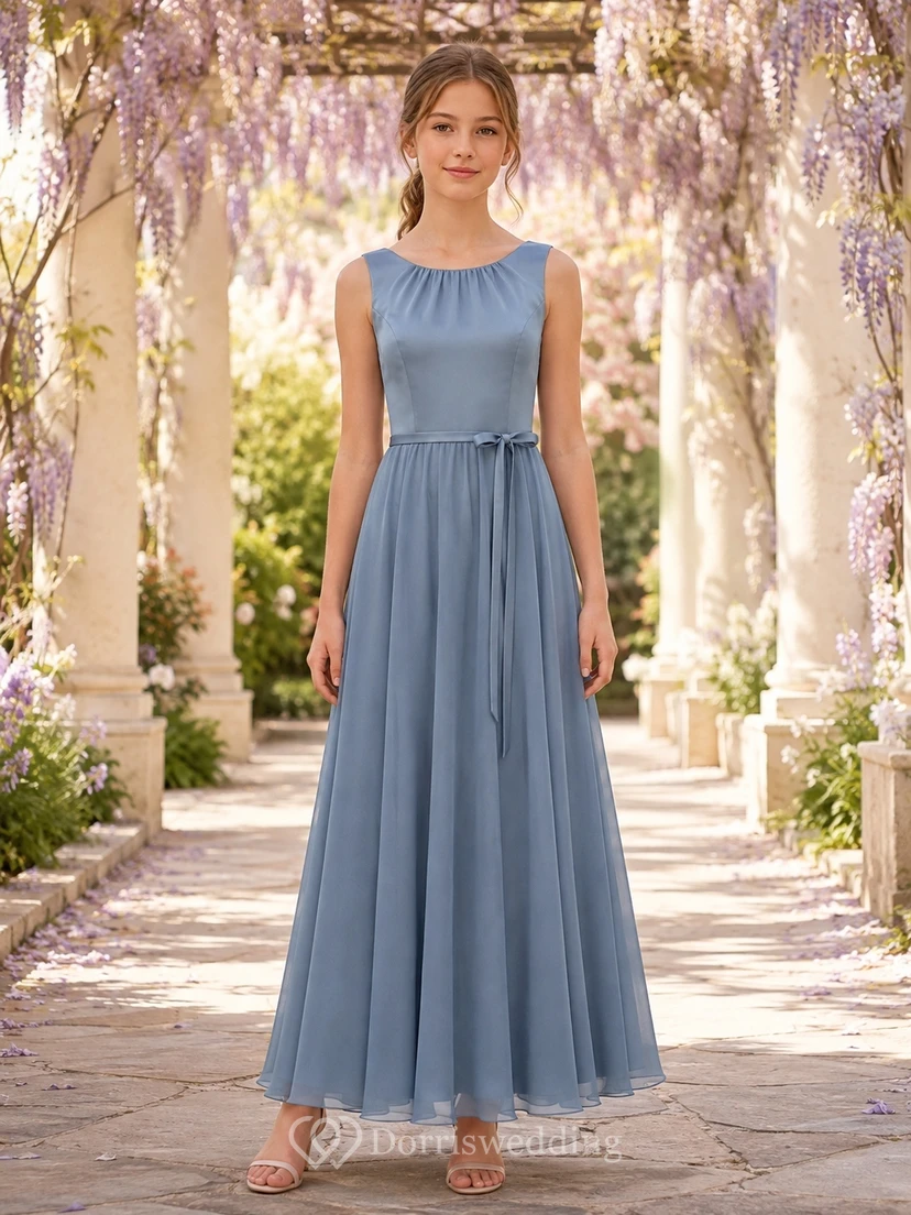 Vestido de dama de honor juvenil azul pizarra, corte en A, escote redondo, sin mangas, largo midi, de gasa, detalle de lazo, estilo romántico.