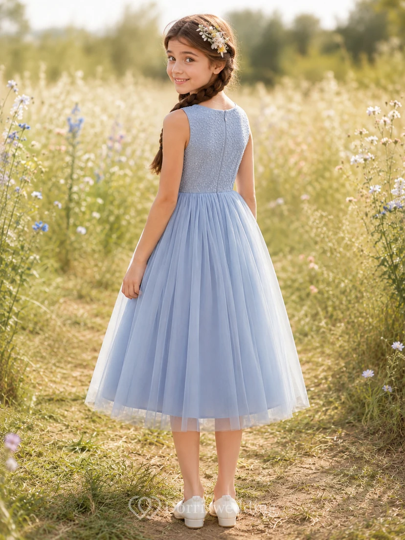 Flower Girl Dress A-Line Sky Blue Soft Lined Tulle Sleeveless Garden view 2