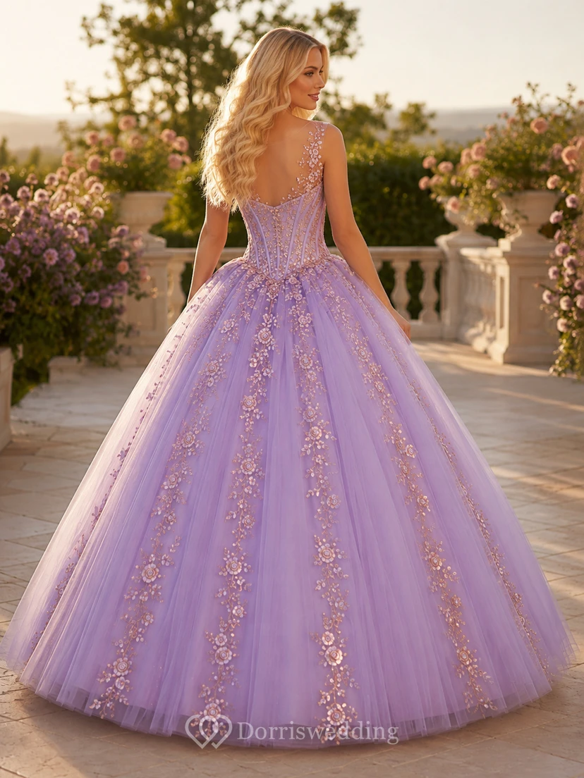 Vestido de baile de quinceañera de princesa de lujo color lila dorado con tirantes en V y lentejuelas espejadas view 2